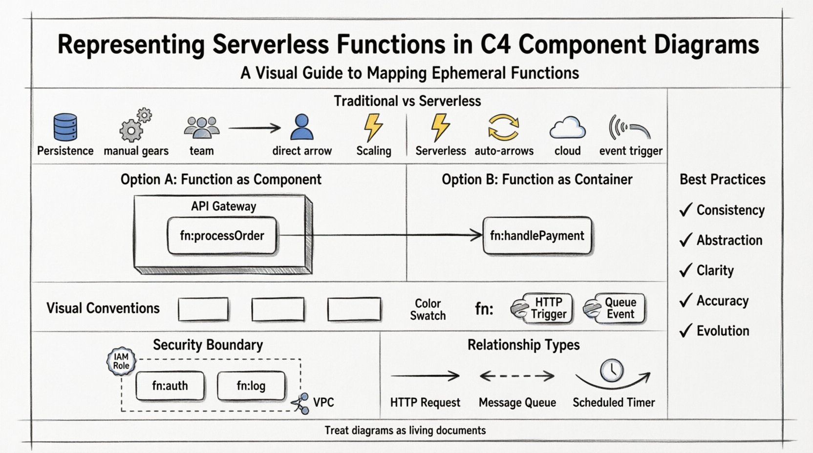 Line art infographic illustrating how to represent serverless functions within C4 component diagrams, featuring comparison of traditional vs serverless characteristics, two mapping strategies (function as component vs function as container), visual conventions for ephemeral functions, event-driven relationship types, security boundary considerations, and a best practices checklist for architecture documentation