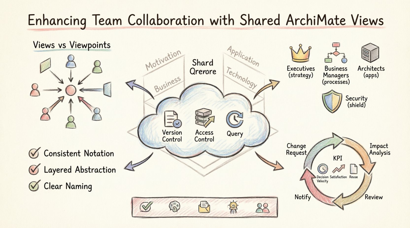 Hand-drawn infographic summarizing how shared ArchiMate views enhance team collaboration in enterprise architecture, featuring stakeholder alignment matrix, shared repository workflow, design principles checklist, governance cycle, and key metrics for measuring success across business, application, and technology layers