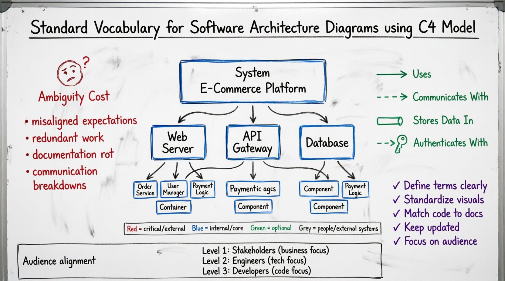 Hand-drawn whiteboard infographic illustrating the C4 Model framework for establishing a standard vocabulary in software architecture diagrams, featuring the four abstraction levels (System, Container, Component, Code), color-coded relationship semantics, audience alignment guide, and best practices checklist for clear technical communication