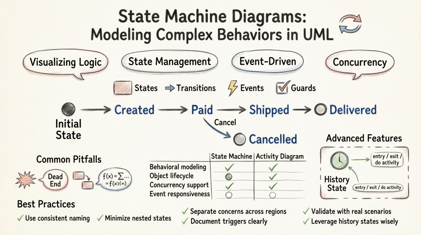 Hand-drawn infographic summarizing UML State Machine Diagrams: key components (states, transitions, events, guards), advanced features (orthogonal regions, history states), comparison with activity diagrams, common pitfalls, and order processing example for modeling complex system behaviors