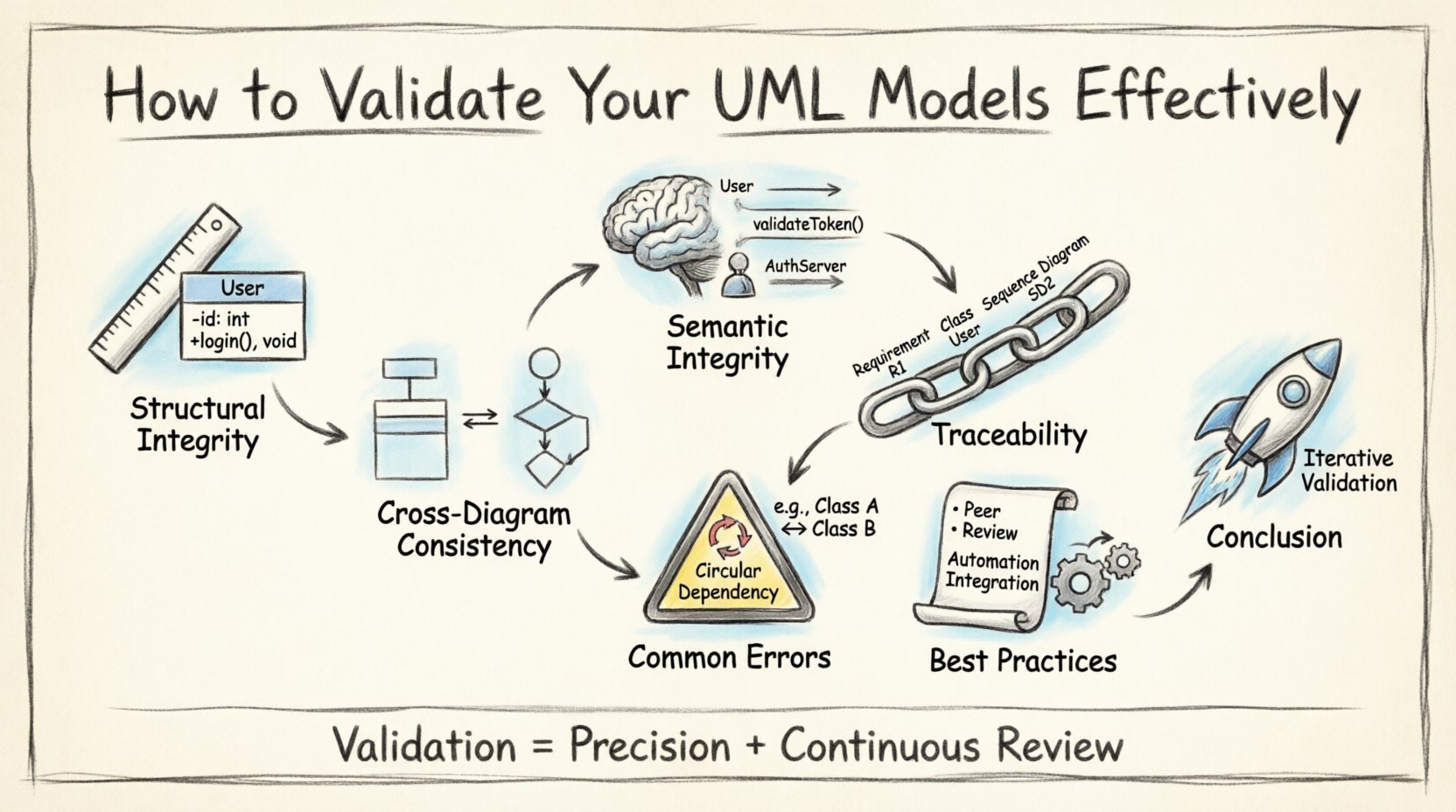 Hand-drawn infographic summarizing 7 essential strategies for effective UML model validation: structural integrity checks, semantic verification, cross-diagram consistency, requirements traceability, common modeling error patterns, iterative review workflows, and best practices for software architecture quality assurance