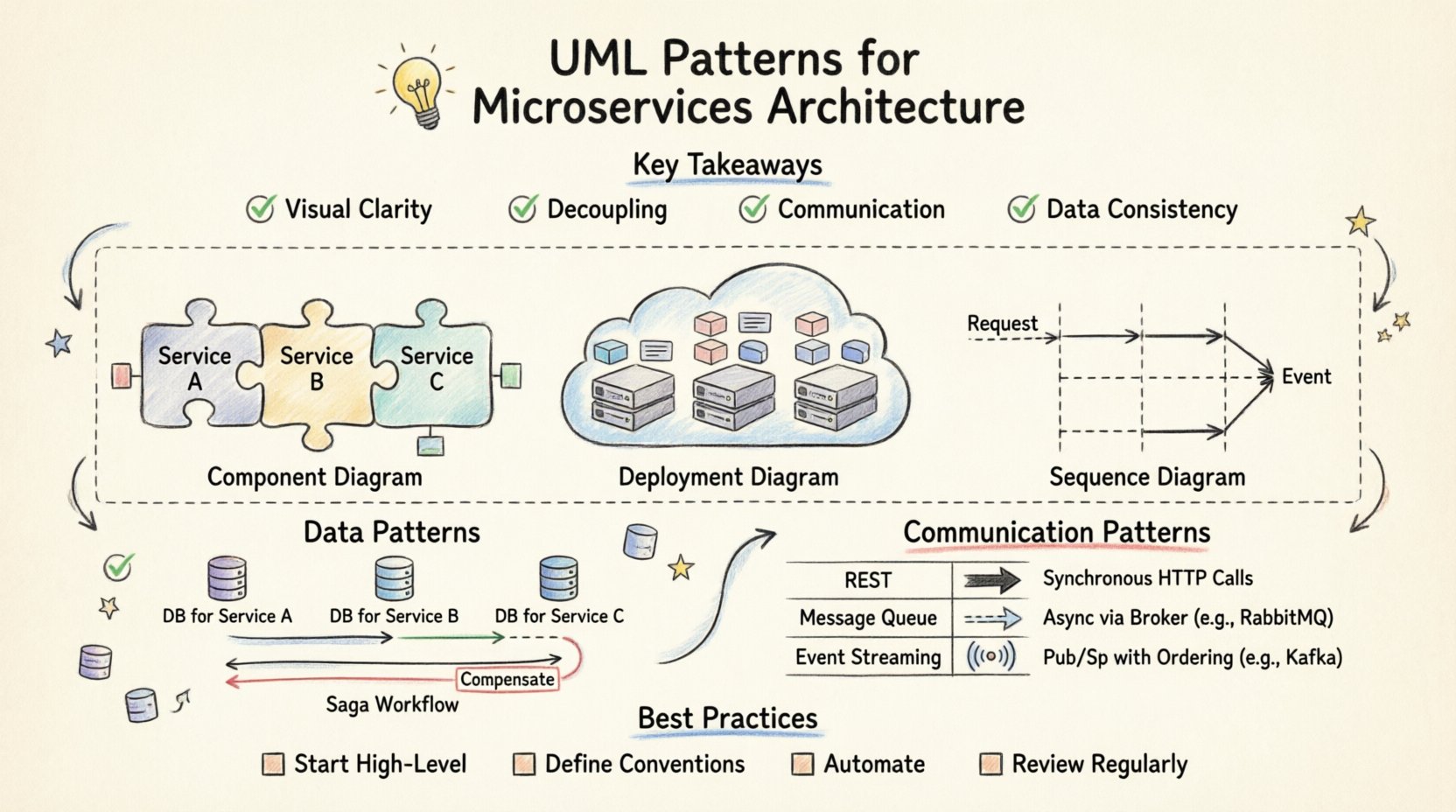 Hand-drawn infographic summarizing UML patterns for microservices architecture: key takeaways on visual clarity and decoupling, essential diagram types including Component, Deployment, and Sequence diagrams, data management patterns like Database-per-Service and Saga, communication patterns for REST/Message Queue/Event Streaming, plus implementation best practices for distributed systems design