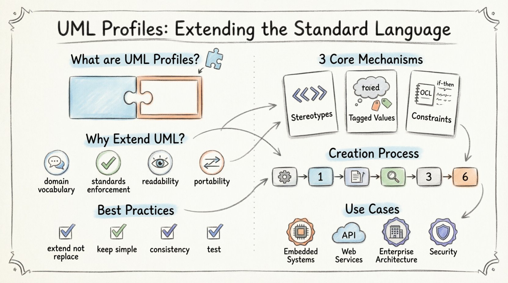 Hand-drawn infographic summarizing UML Profiles: Extending the Standard Language - visual guide covering stereotypes, tagged values, and constraints as core extension mechanisms, benefits of domain-specific modeling, 6-step profile creation process, best practices for design, and common use cases in embedded systems, web services, enterprise architecture, and security modeling