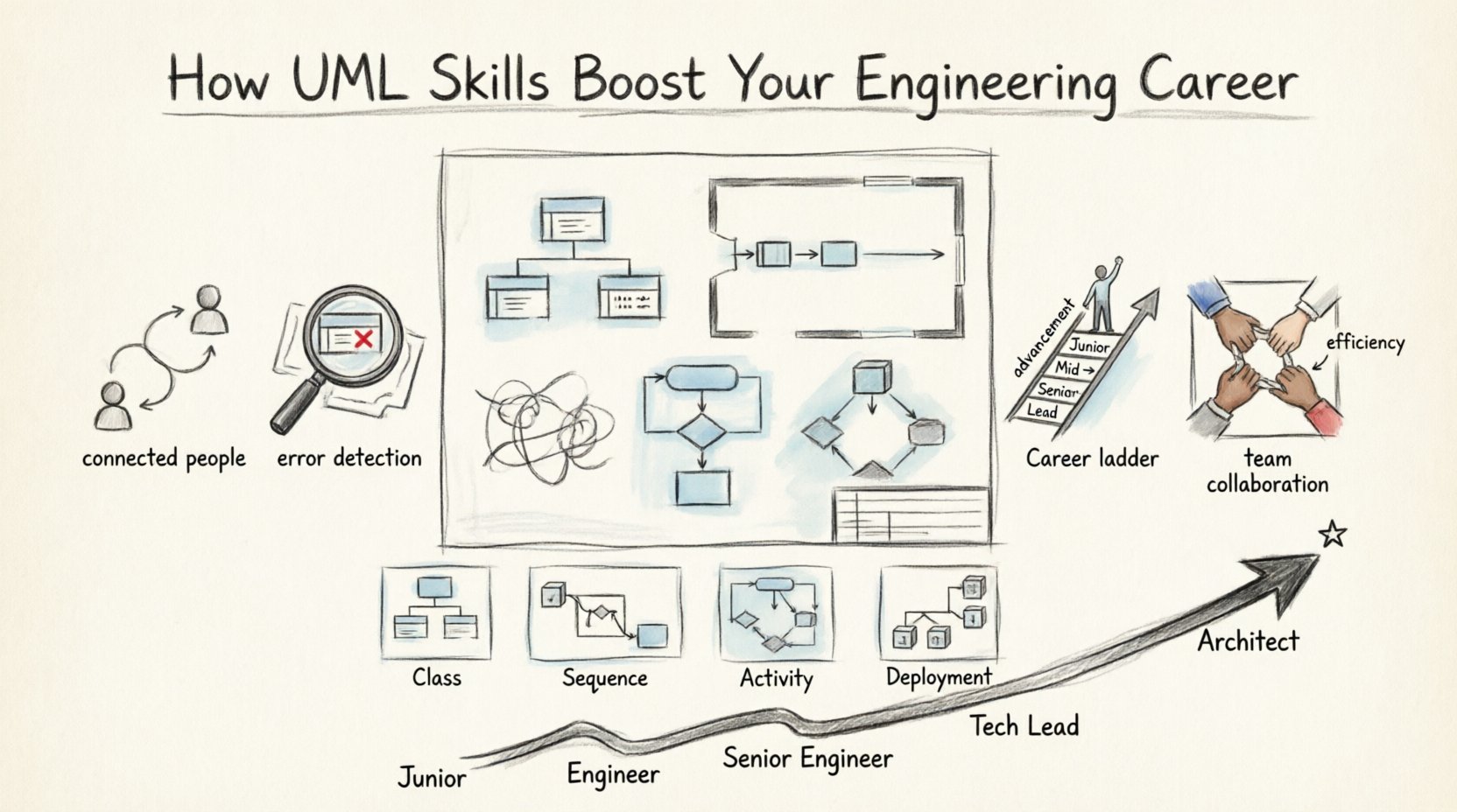 Hand-drawn infographic showing how UML skills boost engineering careers: key benefits include standardized communication, early error detection, career advancement, and team efficiency, with sketched examples of Class, Sequence, Activity, and Deployment diagrams and a visual career path from developer to architect