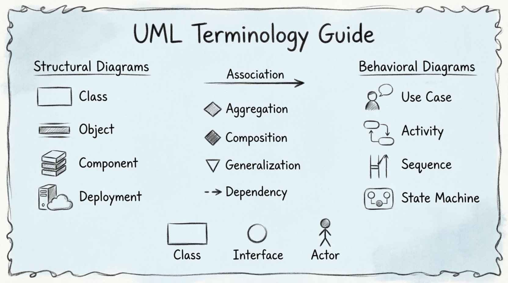 Hand-drawn infographic summarizing essential UML terminology for beginners: structural diagrams (Class, Object, Component, Deployment), behavioral diagrams (Use Case, Activity, Sequence, State Machine), relationship connectors (Association, Aggregation, Composition, Generalization, Dependency), and key notation symbols for software system design
