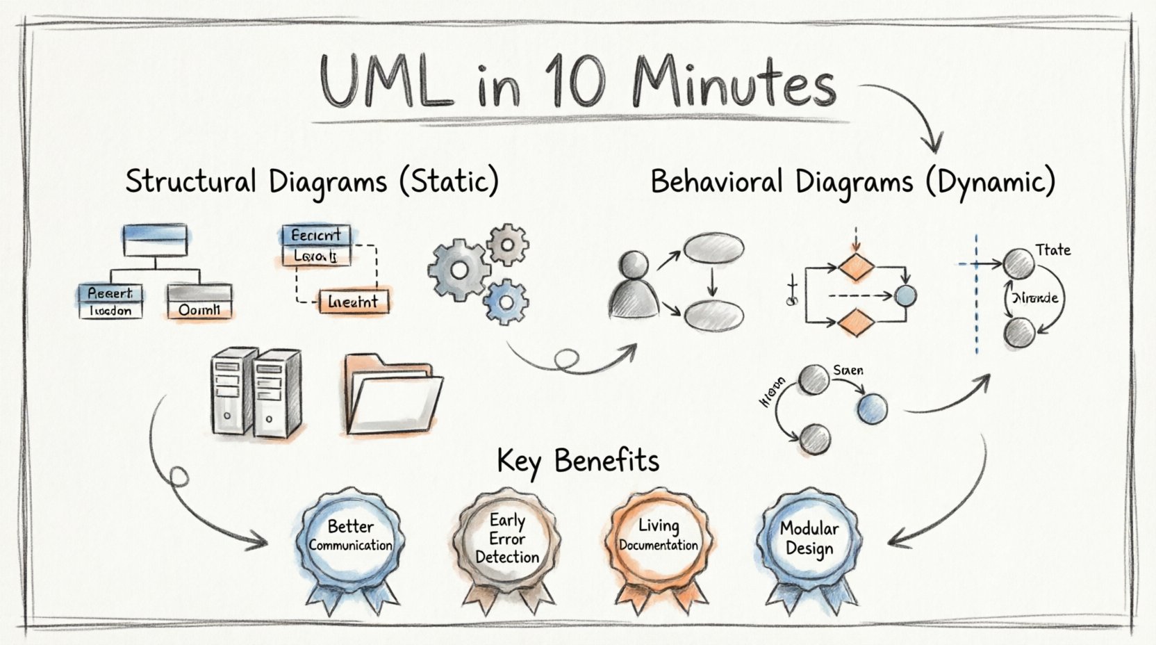 Hand-drawn infographic summarizing Unified Modeling Language (UML) fundamentals: structural diagrams (class, object, component, deployment) and behavioral diagrams (use case, sequence, activity, state machine) with key benefits for software design and system architecture