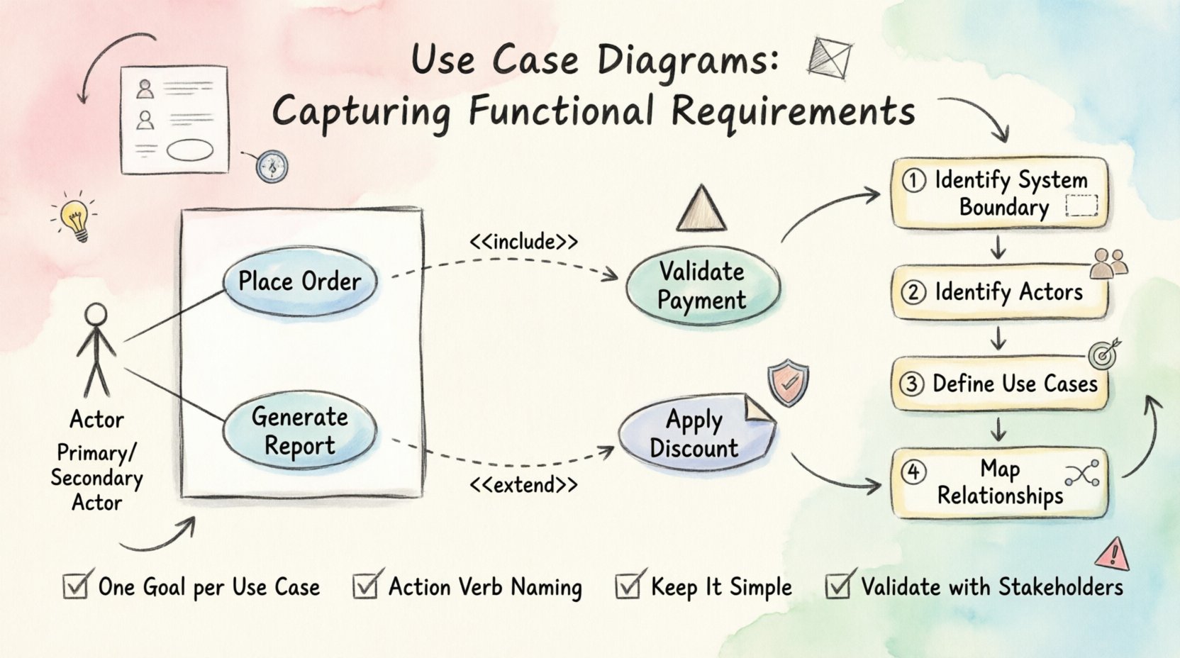 Hand-drawn infographic summarizing Use Case Diagrams for capturing functional requirements in UML: visualizes actors, use cases, system boundary, include/extend/generalization relationships, 4-step modeling process, and best practices for software requirements engineering