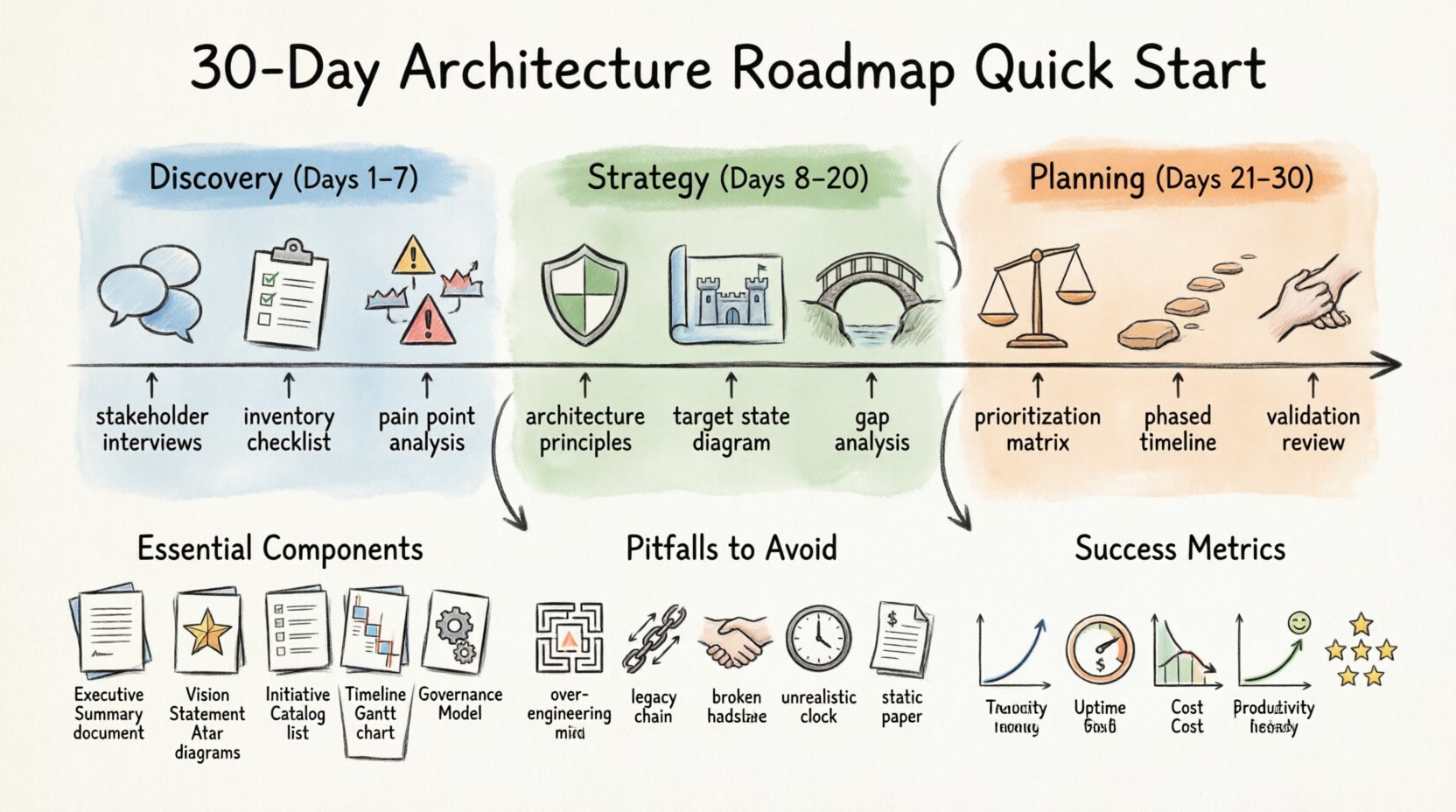 Hand-drawn infographic illustrating a 30-day quick start guide for creating an enterprise architecture roadmap, featuring three phases: Discovery (Days 1-7) with stakeholder interviews and current state assessment, Strategy (Days 8-20) with architecture principles and target state definition, and Planning (Days 21-30) with prioritization and validation; includes visual timeline, essential roadmap components, common pitfalls to avoid, and success metrics for technology-business alignment