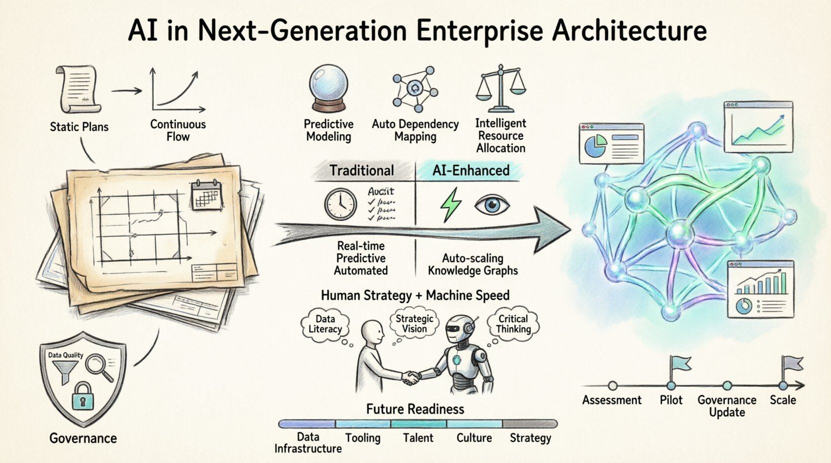 Sketch-style infographic illustrating how AI transforms enterprise architecture: shows evolution from static blueprints to dynamic adaptive systems, featuring AI capabilities like predictive modeling and automated dependency mapping, comparison table of traditional vs AI-enhanced architecture, governance and ethics framework, human-AI collaboration in architectural strategy, 4-phase implementation roadmap, and future readiness assessment dimensions—all rendered in hand-drawn pencil sketch aesthetic with blue-teal accents for a professional yet approachable visual guide