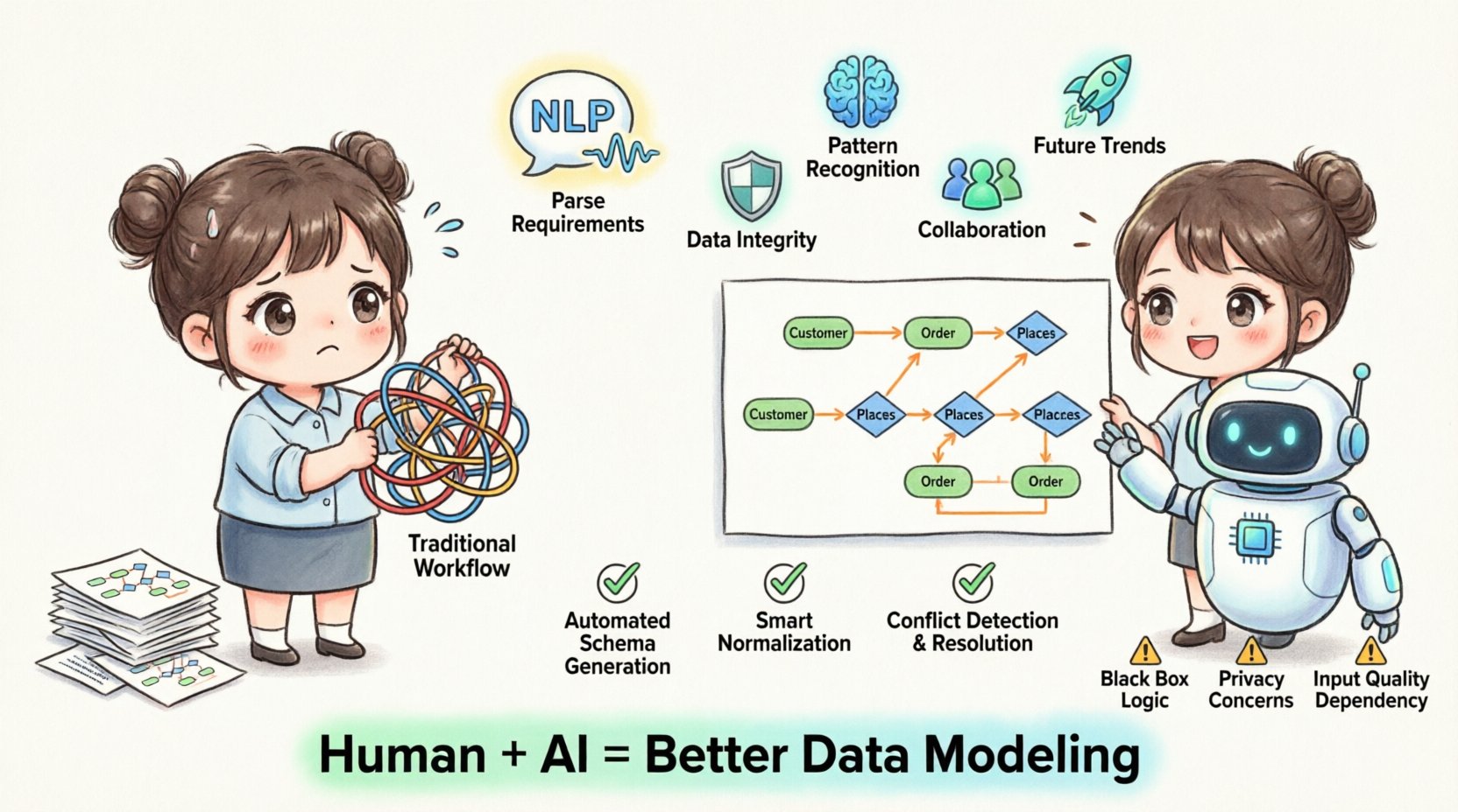 Chibi-style infographic illustrating how AI-driven tools transform Entity Relationship Diagram creation, showing traditional manual workflow challenges versus AI-assisted benefits like NLP interpretation, automated schema generation, and intelligent refinement, with cute characters and visual comparisons for data engineers and architects