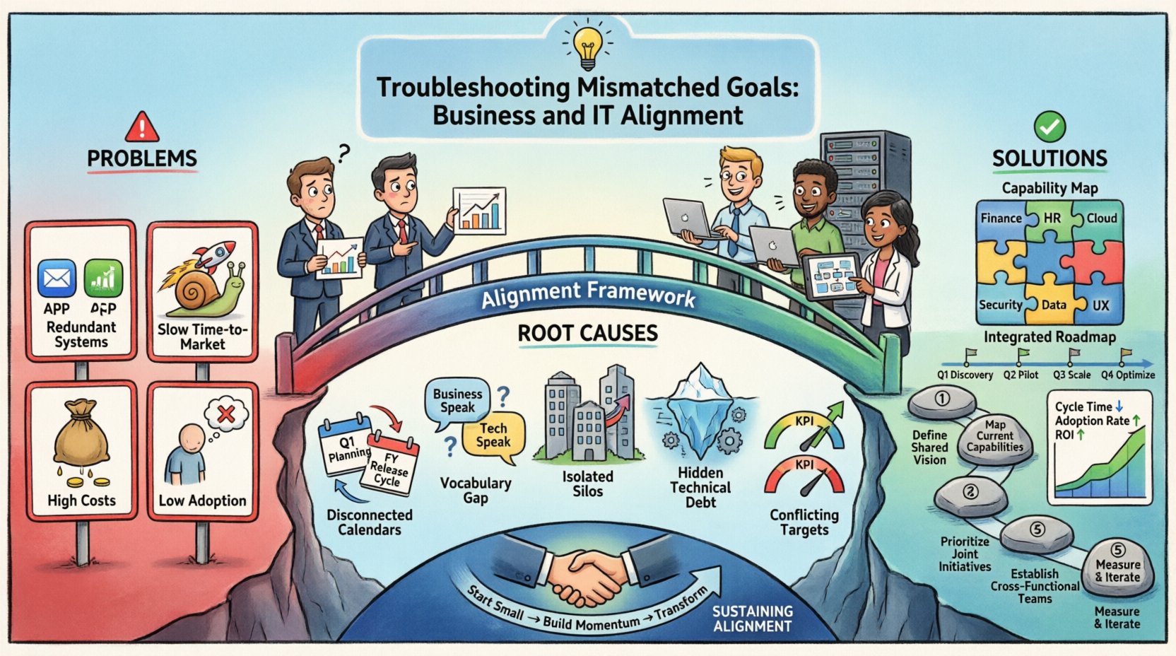 Cartoon infographic illustrating how to troubleshoot business and IT alignment issues: visualizes the gap between business objectives and technology execution, highlights common symptoms like redundant systems and slow time-to-market, identifies root causes including disconnected planning cycles and hidden technical debt, and presents actionable solutions through capability mapping, integrated roadmapping, stakeholder engagement, and unified governance frameworks with measurable KPIs for sustainable organizational alignment.