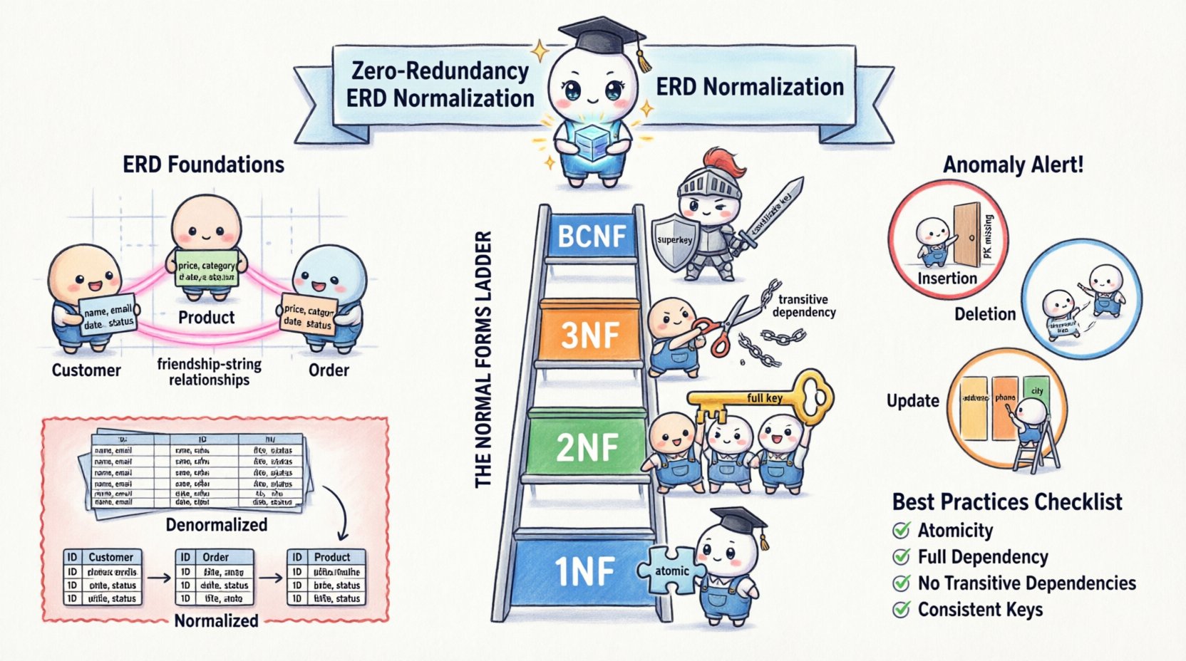 Chibi-style infographic illustrating Entity Relationship Diagram normalization strategies for zero-redundancy storage, featuring cute characters explaining ERD foundations, the four normal forms progression (1NF to BCNF), insertion/deletion/update anomaly warnings, denormalized vs normalized data comparison, and a best practices checklist for database design