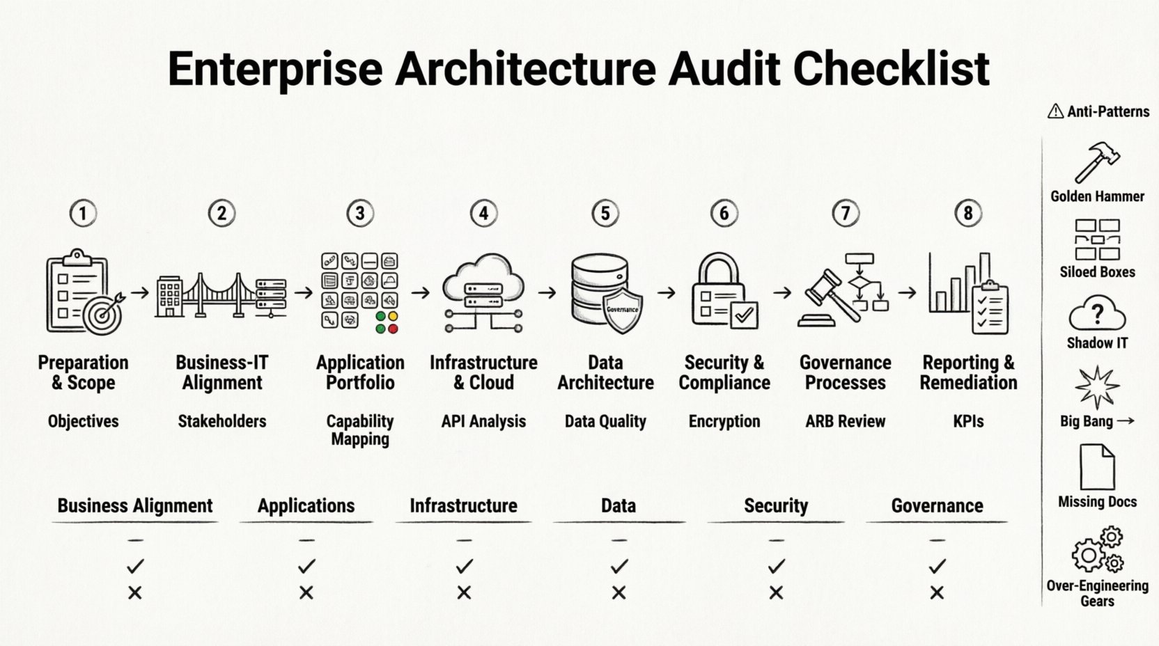 Line art infographic: Enterprise Architecture Audit Checklist featuring 8 phases - Preparation & Scope, Business-IT Alignment, Application Portfolio Assessment, Infrastructure & Cloud Landscape, Data Architecture & Governance, Security & Compliance, Governance Processes, and Reporting & Remediation. Includes visual icons for each phase, summary checklist table with 6 key categories, and warning section for common anti-patterns like siloed systems and shadow IT. Minimalist black outline design on white background, 16:9 aspect ratio, optimized for IT architects and enterprise planning presentations.