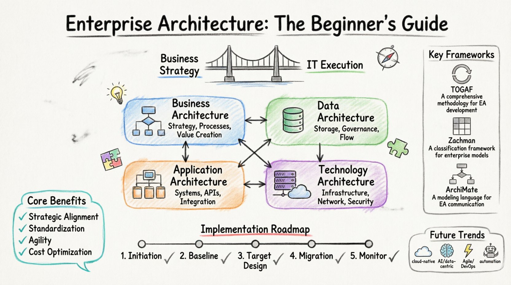 Hand-drawn whiteboard infographic illustrating Enterprise Architecture fundamentals: central bridge connecting business strategy to IT execution, four color-coded core domains (Business Architecture in blue for strategy and processes, Data Architecture in green for governance and flow, Application Architecture in orange for systems and APIs, Technology Architecture in purple for infrastructure and security), key frameworks including TOGAF cyclical method, Zachman matrix, and ArchiMate modeling language, five-phase implementation roadmap from initiation to monitoring, core benefits checklist (strategic alignment, standardization, agility, cost optimization), and emerging trends icons for cloud-native, AI-driven data, Agile integration, and automation—all rendered in sketchy marker style on whiteboard texture background for approachable visual learning