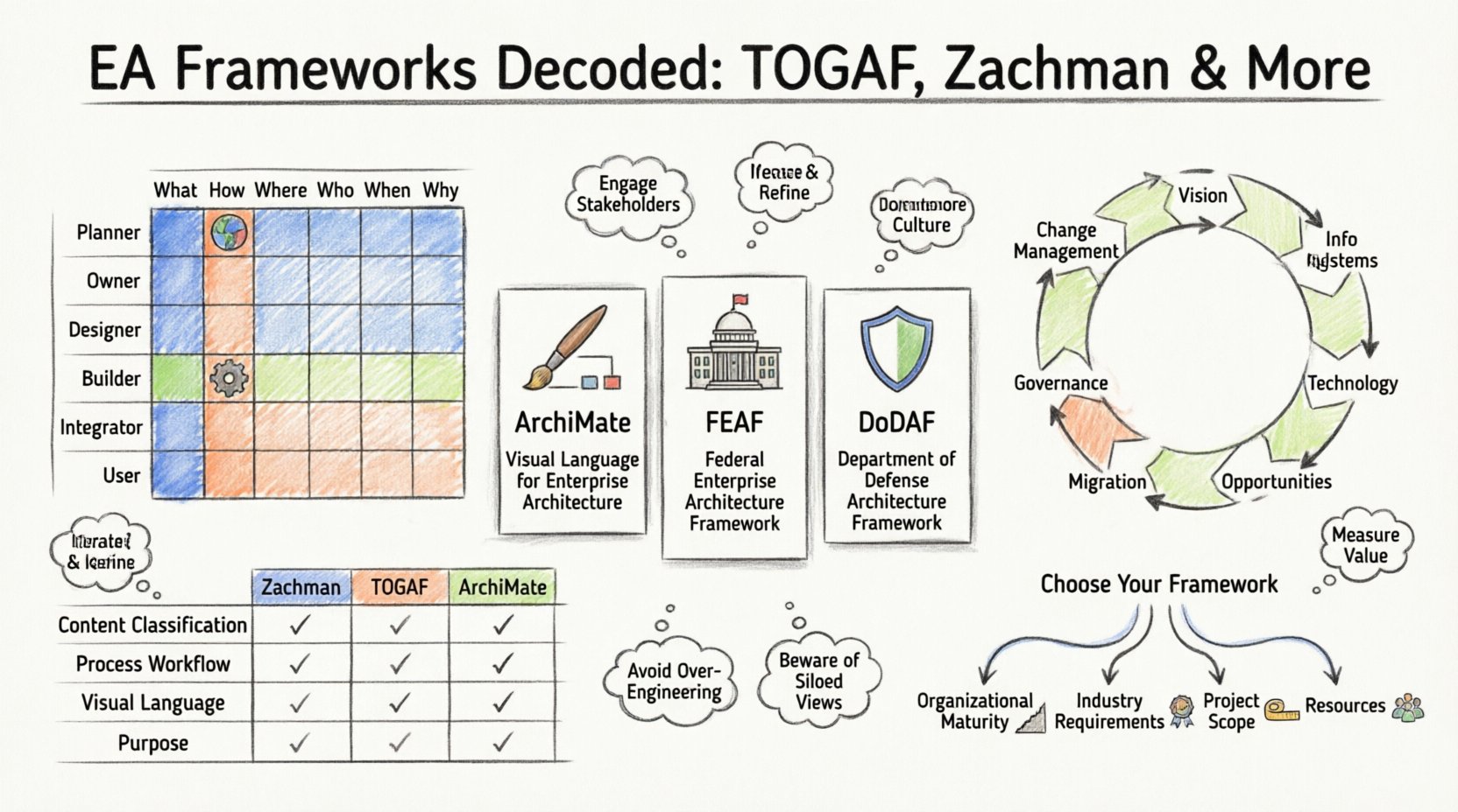 Marker-style infographic comparing Enterprise Architecture frameworks: Zachman Framework 6x6 matrix for content classification, TOGAF ADM 8-phase cycle for process management, and ArchiMate visual modeling language, with selection criteria, best practices, and key takeaways for choosing the right EA framework