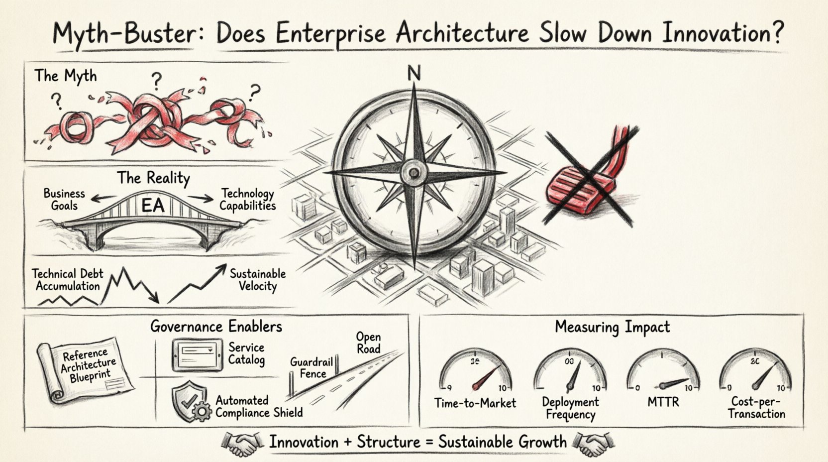 Charcoal sketch infographic debunking the myth that Enterprise Architecture slows innovation, featuring EA as a navigation compass guiding sustainable growth through strategic alignment, governance guardrails, and technical debt management, with visual comparisons of reactive versus proactive approaches, urban planning analogy, key enablement mechanisms, and measurable business outcomes like time-to-market and deployment frequency