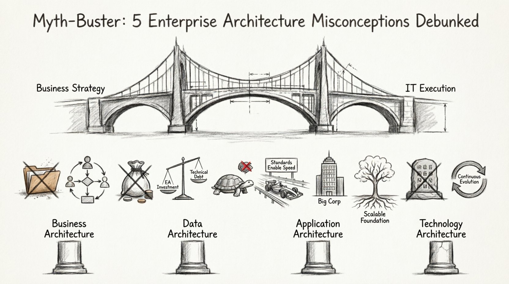 Charcoal contour sketch infographic debunking 5 common Enterprise Architecture myths for beginners: EA is just documentation, too expensive, slows agility, only for large corporations, and static planning—showing myth vs reality comparisons with blueprint bridge connecting business strategy to IT execution, four EA domain pillars (Business, Data, Application, Technology Architecture), and visual metaphors for dynamic management, technical debt reduction, agile guardrails, scalable growth, and iterative evolution, monochrome hand-drawn style, English text labels