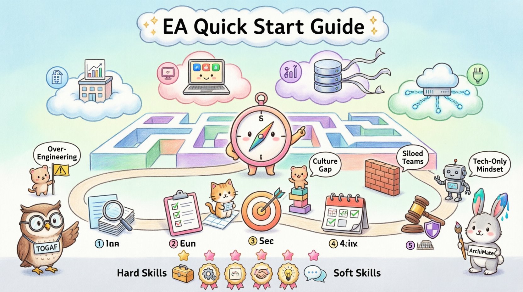 Kawaii-style infographic illustrating Enterprise Architecture quick start guide: cute compass character navigating a business-to-tech maze, four pastel domain sections (Business, Data, Application, Technology Architecture), five-step implementation path with icons, framework mascots (TOGAF, Zachman, ArchiMate), pitfall warnings, and success metrics for new architects