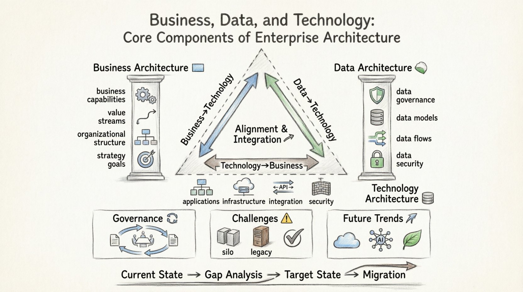 Sketch-style infographic illustrating the three core pillars of Enterprise Architecture: Business Architecture (capabilities, value streams, org structure, strategy), Data Architecture (governance, models, flows, security), and Technology Architecture (applications, infrastructure, integration, security), connected in an alignment triangle showing bidirectional relationships, with supporting elements for governance lifecycle, common challenges with solutions, and future trends including cloud-native, AI-driven analytics, and sustainable IT practices