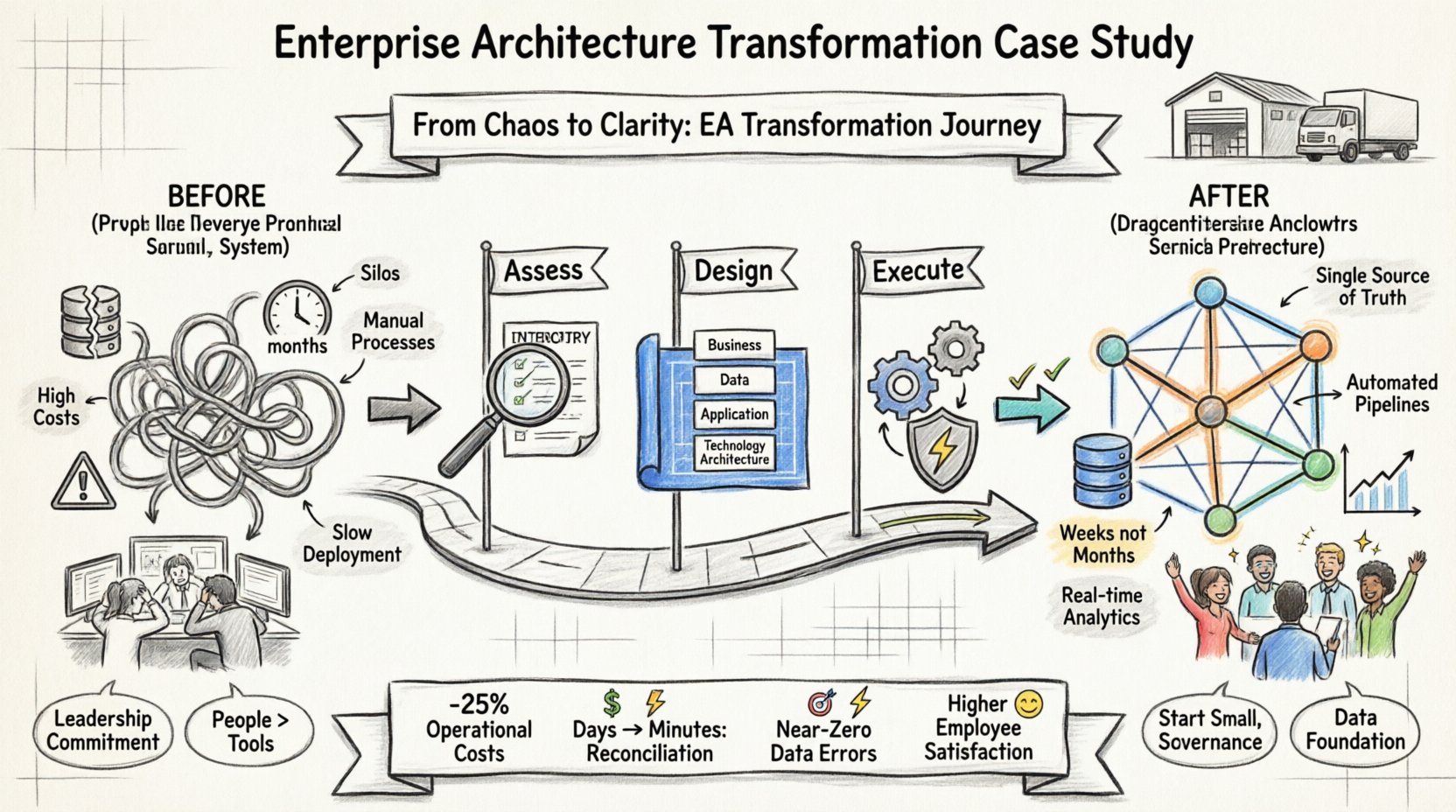 Hand-drawn infographic showing Apex Logistics' Enterprise Architecture transformation journey: before-and-after comparison of fragmented vs. unified systems, 3-phase roadmap (Assess-Design-Execute), 4 EA layers (Business, Data, Application, Technology), and measurable outcomes including 25% cost reduction, faster deployment, and improved data accuracy - illustrated with thick outline strokes and doodle-style icons