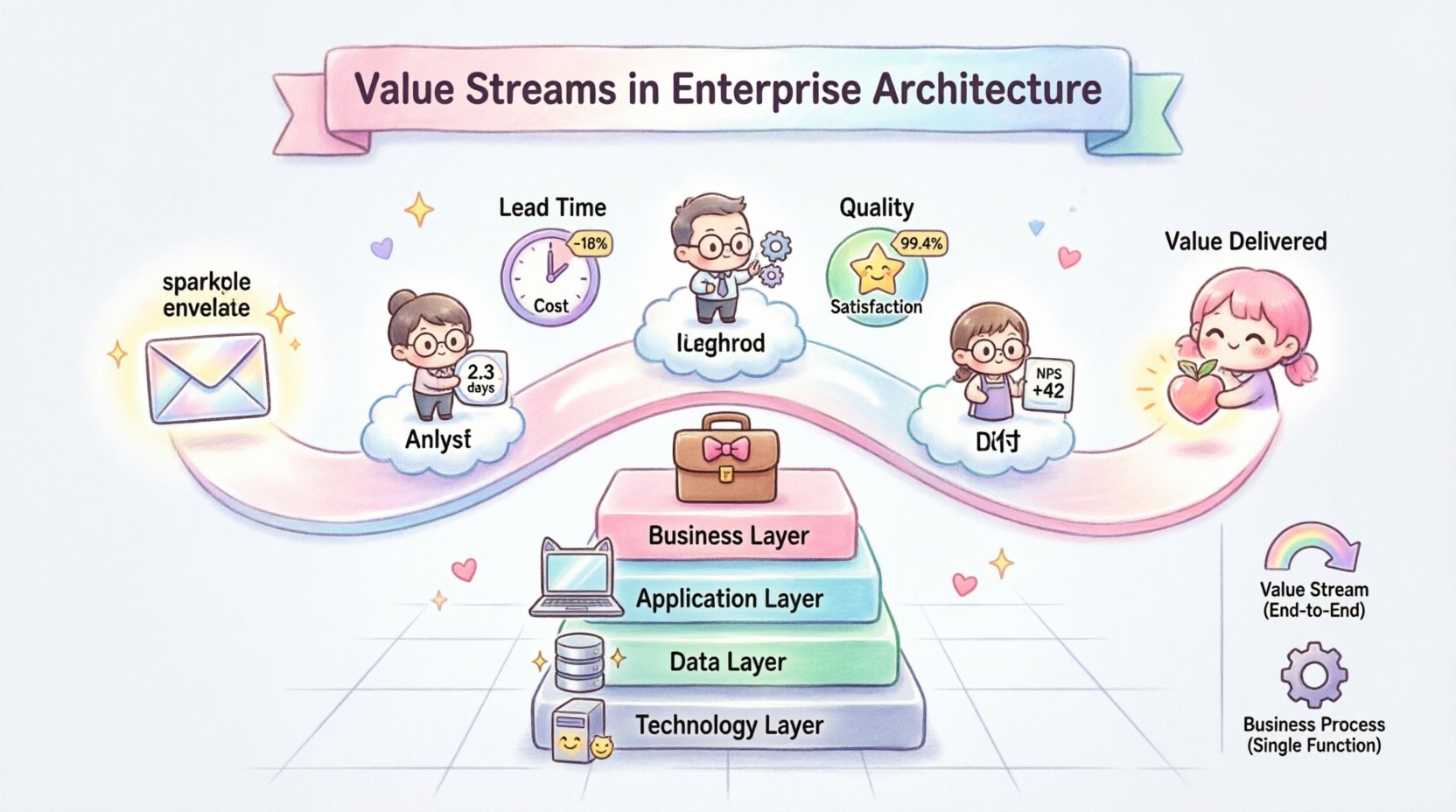 Kawaii-style infographic illustrating Enterprise Architecture Value Streams fundamentals: shows end-to-end value flow from trigger to outcome with cute chibi characters, compares value streams vs business processes, maps business-application-data-technology layers, and highlights key metrics like lead time, cost to serve, quality rate, and customer satisfaction in a soft pastel-colored visual guide for EA professionals