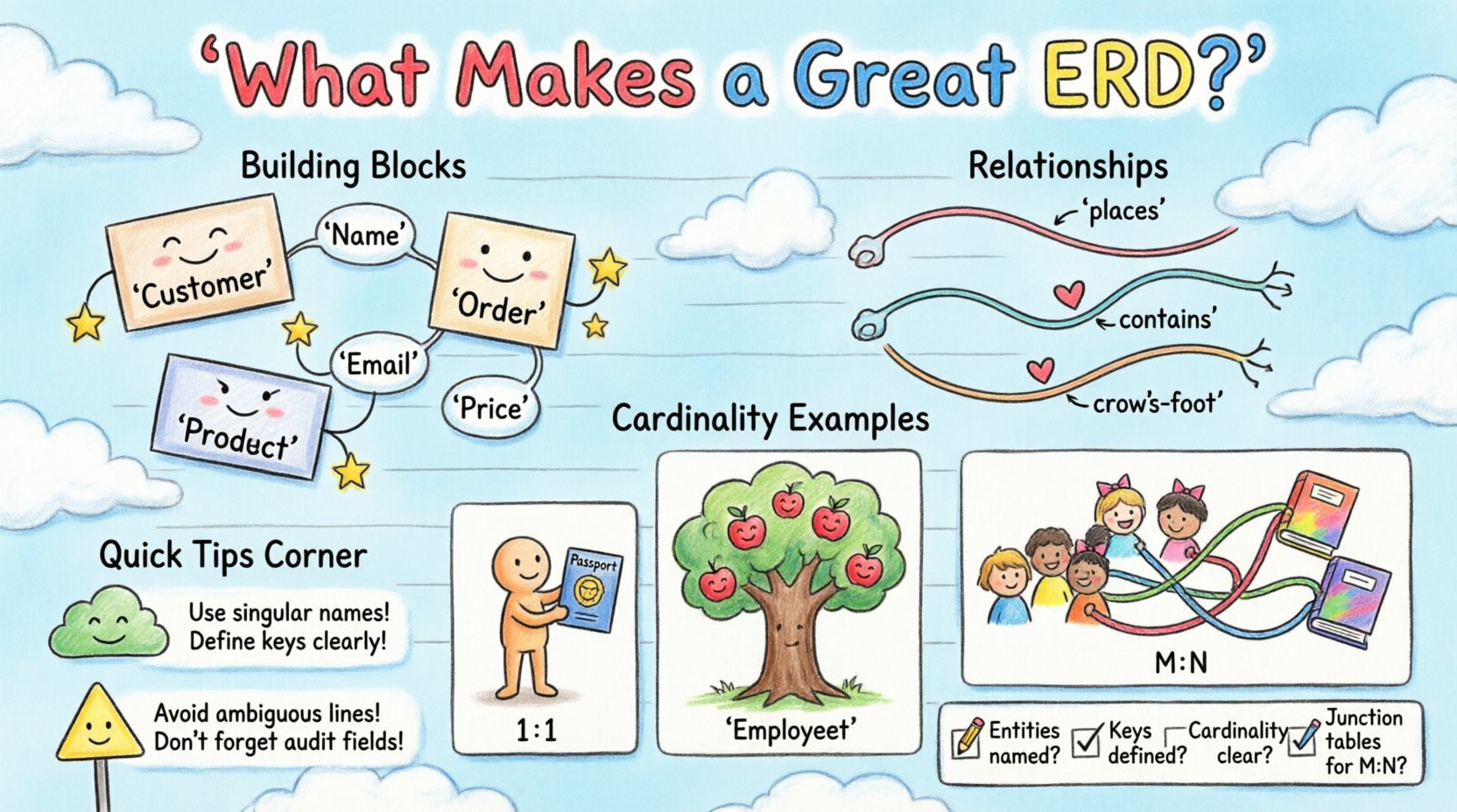 Child's drawing style infographic explaining Entity Relationship Diagram (ERD) components: entities as colorful boxes with smiley faces, attributes as thought bubbles, relationships with friendly connecting lines, cardinality examples (one-to-one, one-to-many, many-to-many) illustrated with cute characters, plus quick tips and checklist for building robust database schemas