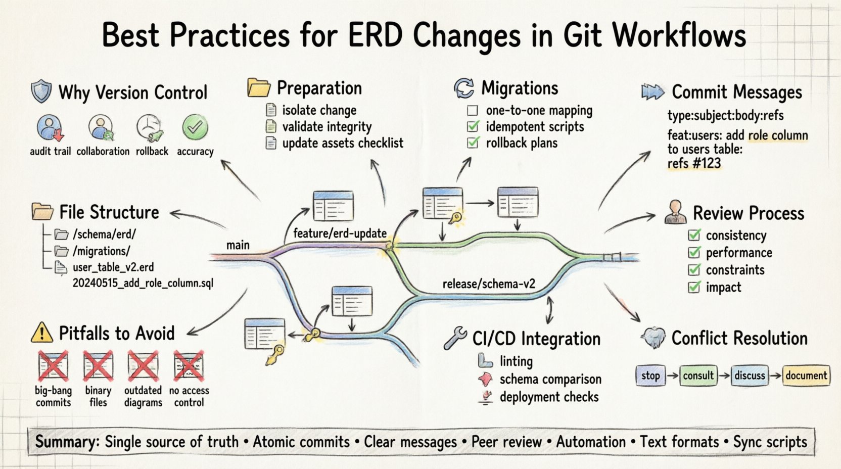 Sketch-style infographic illustrating best practices for documenting Entity Relationship Diagram changes in Git-driven workflows, featuring version control benefits, preparation steps, naming conventions, commit message standards, migration script synchronization, peer review checklist, common pitfalls to avoid, CI/CD integration, and conflict resolution strategies for database schema management