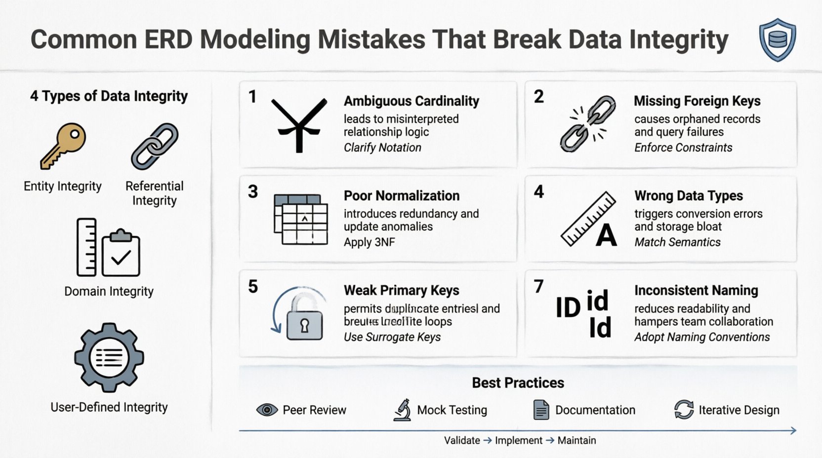 Line art infographic illustrating 7 common Entity Relationship Diagram modeling mistakes that cause data integrity violations, including ambiguous cardinality, missing foreign keys, poor normalization, incorrect data types, circular references, weak primary keys, and inconsistent naming conventions, with solutions and best practices for robust database design