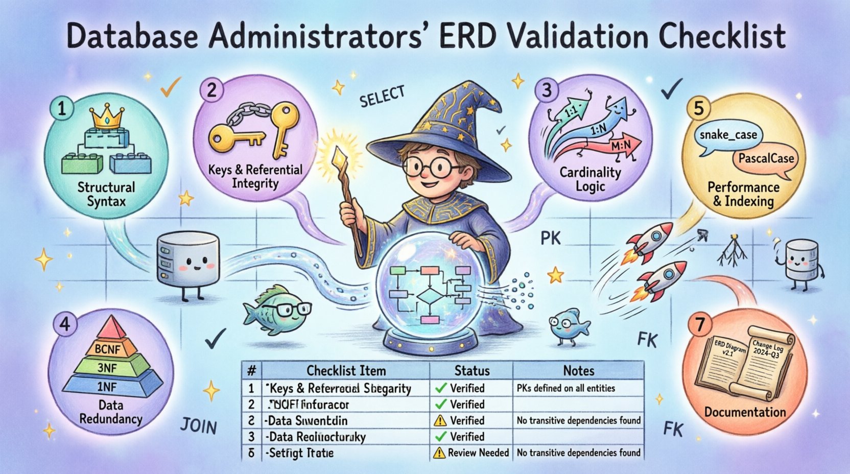 Whimsical infographic illustrating a Database Administrator's 7-point checklist for validating Entity Relationship Diagram integrity, featuring playful icons for structural syntax, keys and constraints, cardinality logic, normalization standards, naming conventions, performance indexing, and documentation practices, with a friendly DBA wizard character and vibrant magical design elements
