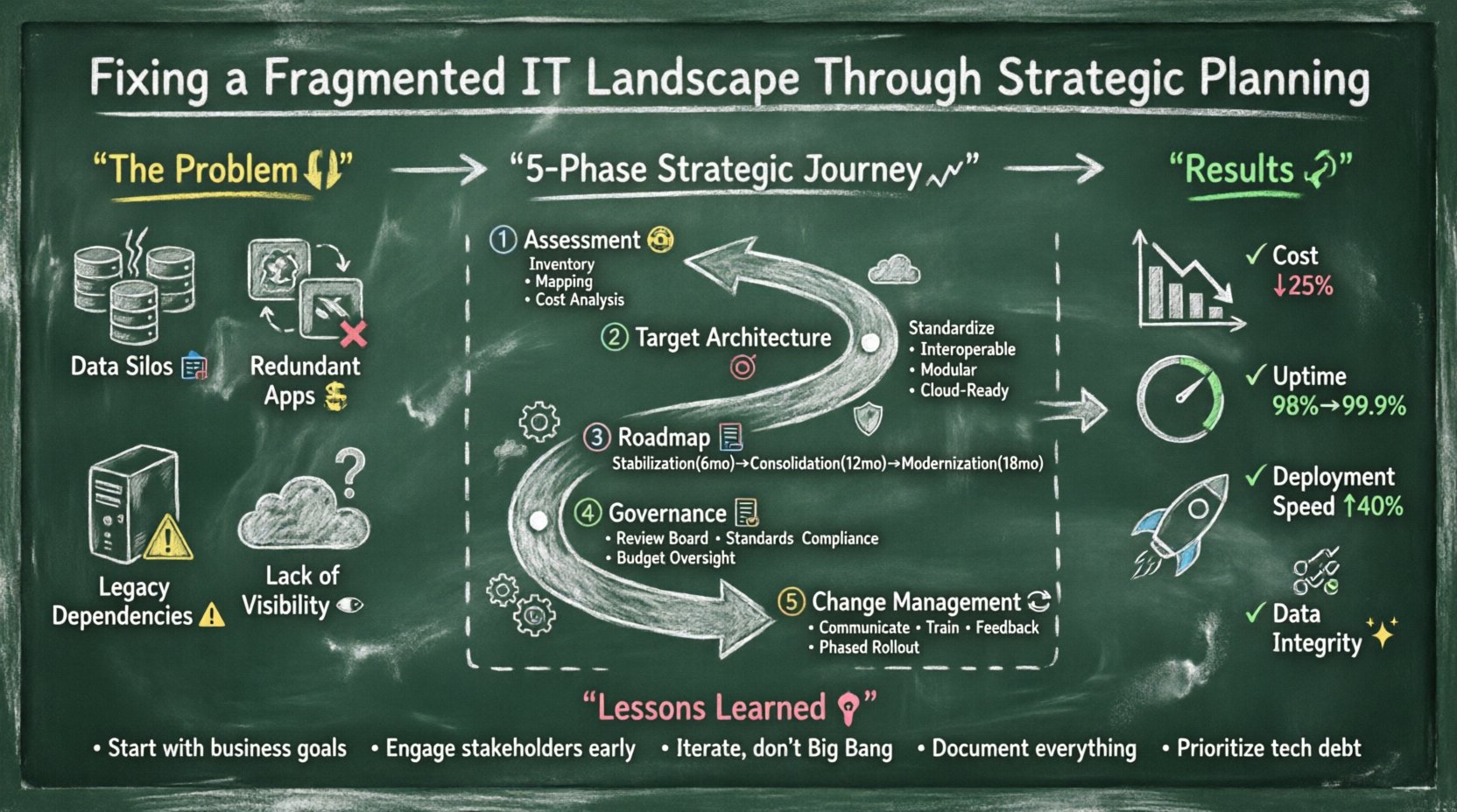 Chalkboard-style infographic illustrating a 5-phase strategic approach to resolving IT landscape fragmentation: Comprehensive Assessment, Target Architecture Definition, Roadmap Development, Governance Standards, and Change Management. Shows key symptoms (data silos, redundant apps, legacy systems), timeline milestones (6-18 months), and measurable outcomes including 25% cost reduction, 99.9% system uptime, and 40% faster deployment speed, presented in hand-written chalk aesthetic with educational visual hierarchy.