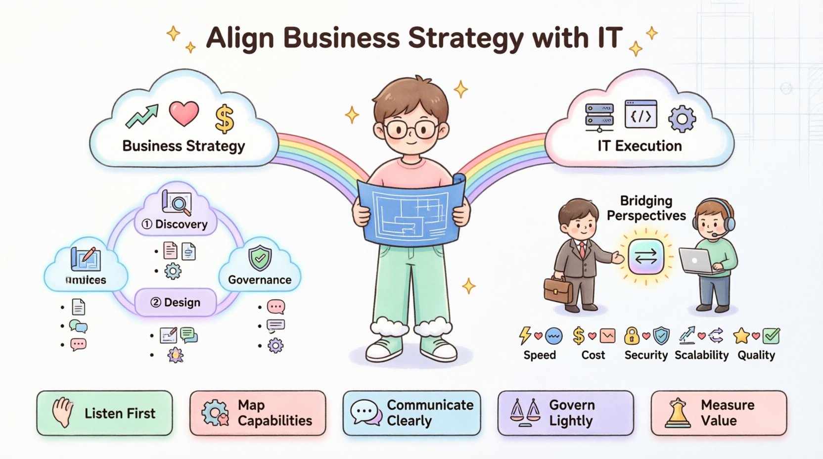 Cute kawaii vector infographic illustrating how Domain Architects align business strategy with IT execution. Features a friendly architect character on a rainbow bridge connecting business goals and technology systems. Displays the 3-phase Strategic Alignment Framework (Discovery, Design, Governance) with pastel icons, Business vs IT perspective translation guide, and 5 key action badges: Listen First, Map Capabilities, Communicate Clearly, Govern Lightly, Measure Value. Soft pastel color palette with rounded shapes, simplified vector design, 16:9 aspect ratio, English text.