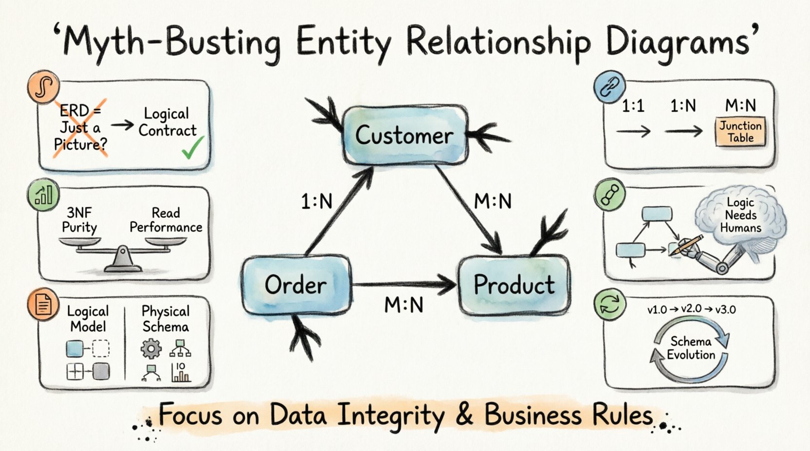 Hand-drawn infographic debunking 6 common myths about Entity Relationship Diagrams (ERDs): illustrating ERDs as logical contracts not just pictures, cardinality relationships (1:1, 1:N, M:N with junction tables), normalization vs denormalization trade-offs, human oversight over automation tools, logical model vs physical schema gaps, and schema evolution strategies - featuring thick outline sketch aesthetic with central ERD diagram connecting Customer, Order, and Product entities