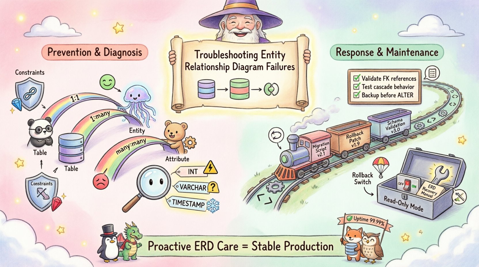 Whimsical infographic illustrating Entity Relationship Diagram troubleshooting guide: features playful cartoon database characters, relationship bridges showing cardinality patterns, constraint shields protecting data integrity, deployment pipeline visuals, diagnostic checklist, and remediation protocols to prevent production downtime - designed in soft pastel colors with magical elements for intuitive technical learning