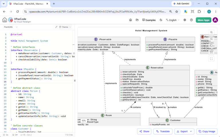 Hotel Management System UML class diagram showing interfaces and relationships.